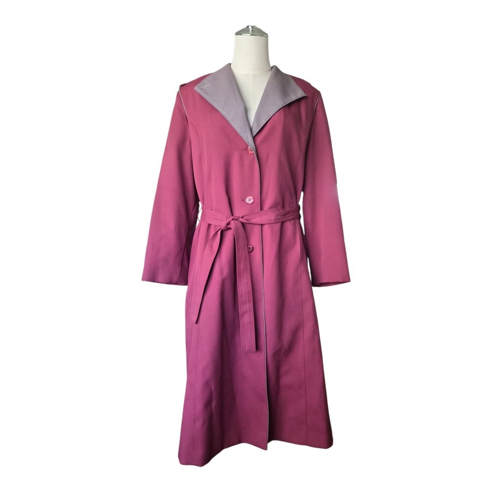 Vintage ILGWU Belted Coat Womens 14 Wine Burgundy Zip Out Liner USA Made Trench